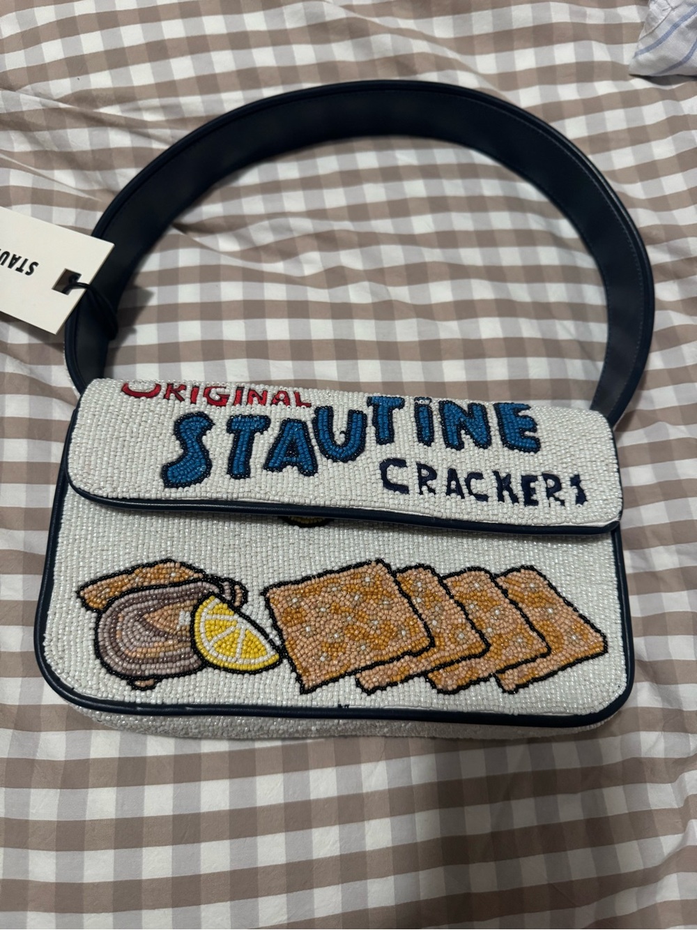 STAUD White Beaded "Stautine Crackers" Shoulder Bag with Blue Lettering - Picture 5 of 8